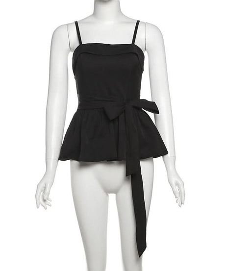 Chic Black Peplum Cami Top with Self-Tie Bow – Your Flattering Fall & Holiday Staple