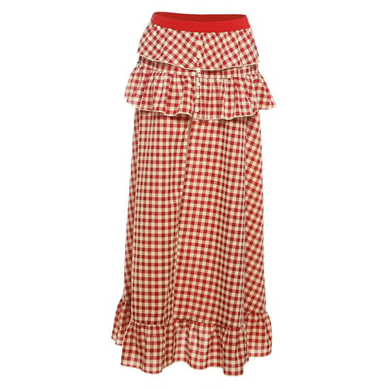 Chic Fall Gingham Ruffle Maxi Skirt - High Slit & Boho Style