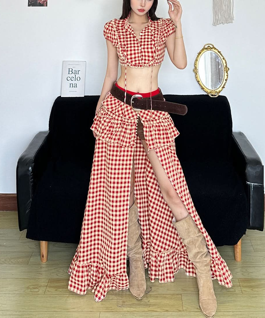 Chic Fall Gingham Ruffle Maxi Skirt - High Slit & Boho Style