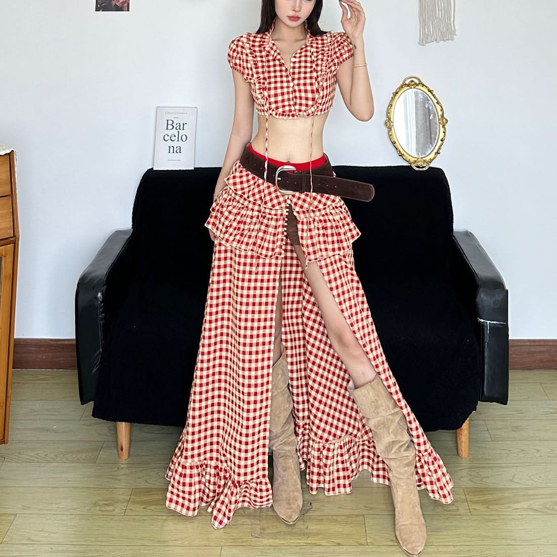 Chic Fall Gingham Ruffle Maxi Skirt - High Slit & Boho Style