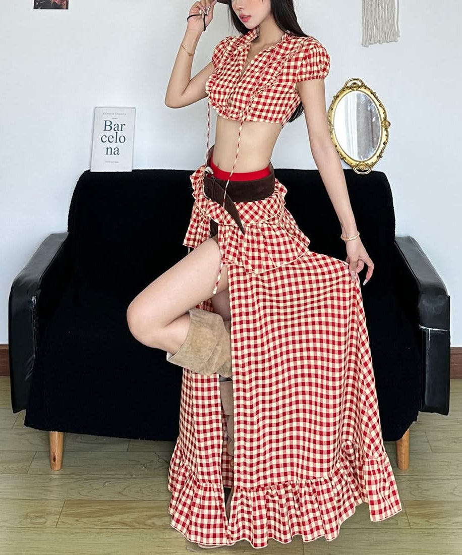 Chic Fall Gingham Ruffle Maxi Skirt - High Slit & Boho Style