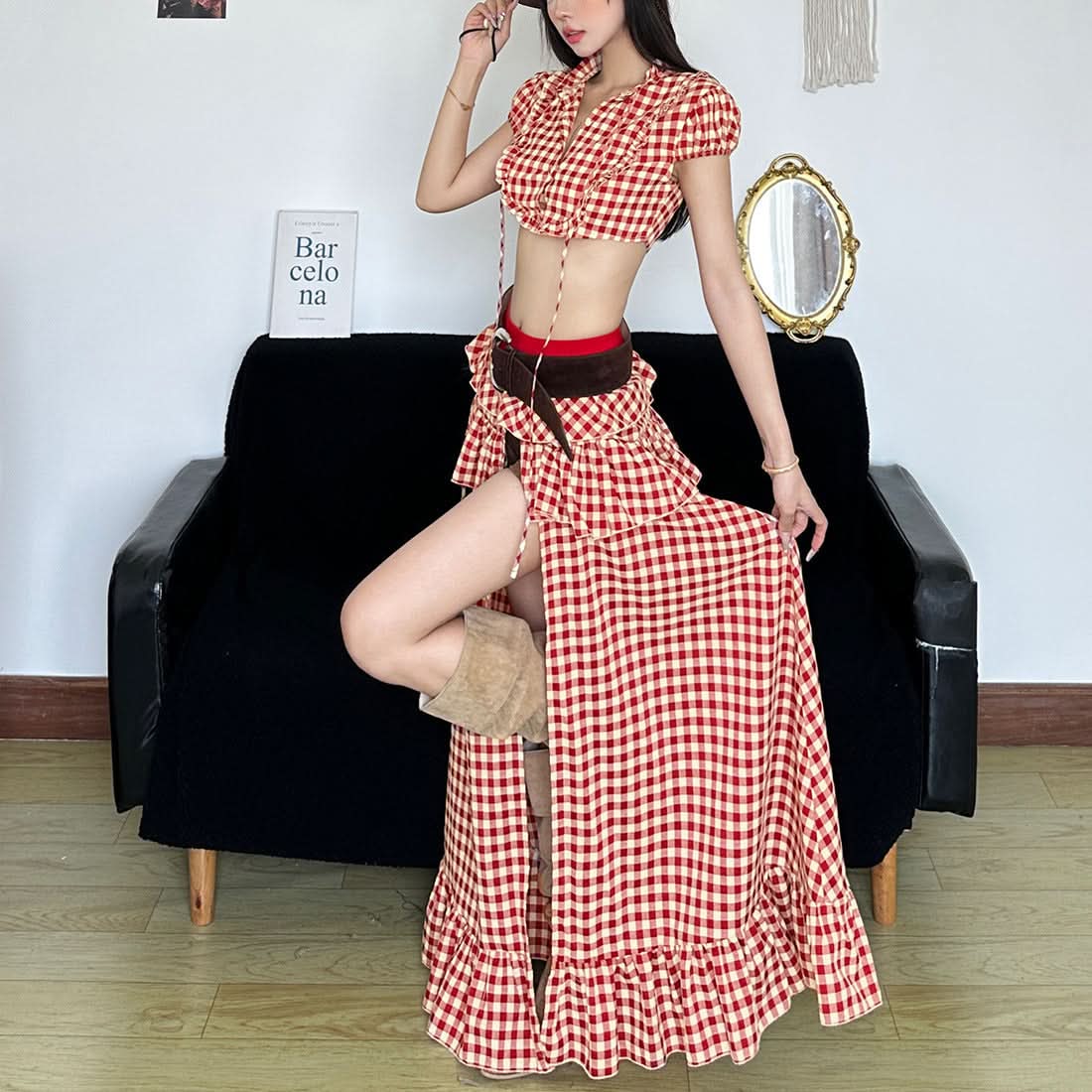 Chic Fall Gingham Ruffle Maxi Skirt - High Slit & Boho Style
