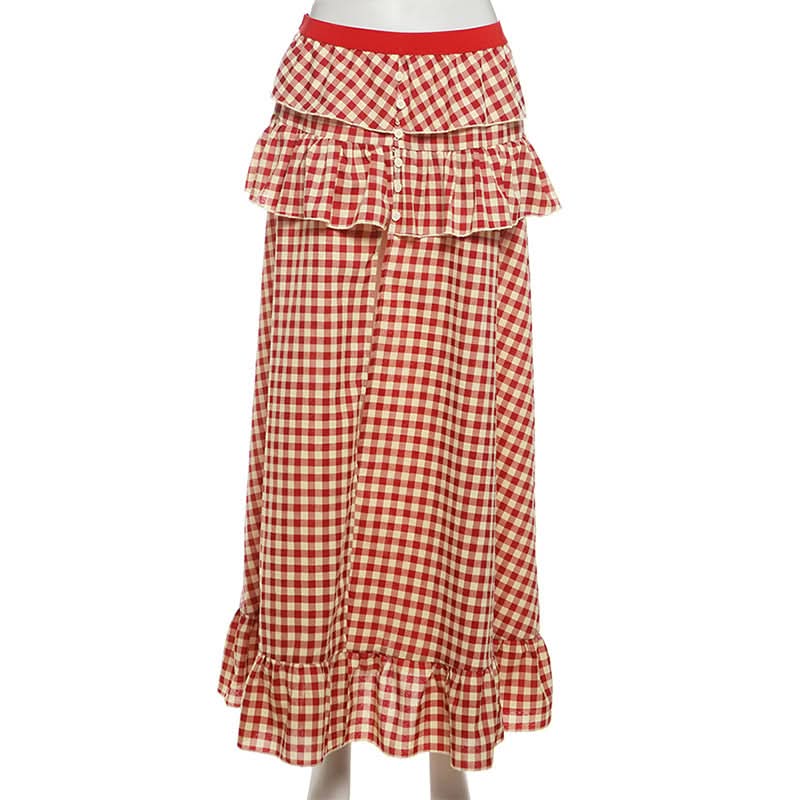 Chic Fall Gingham Ruffle Maxi Skirt - High Slit & Boho Style