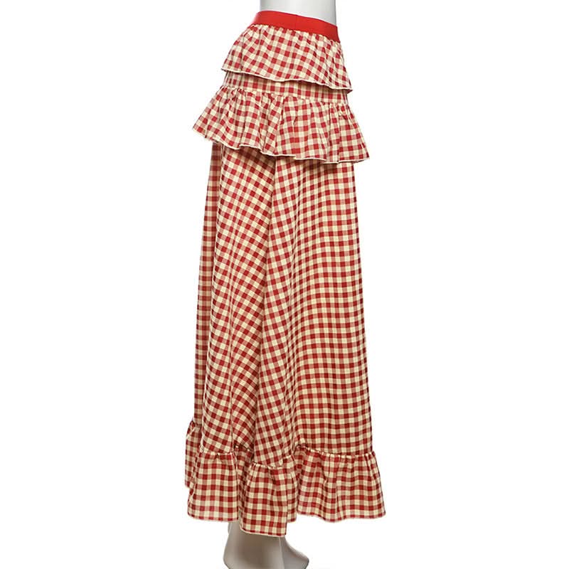 Chic Fall Gingham Ruffle Maxi Skirt - High Slit & Boho Style