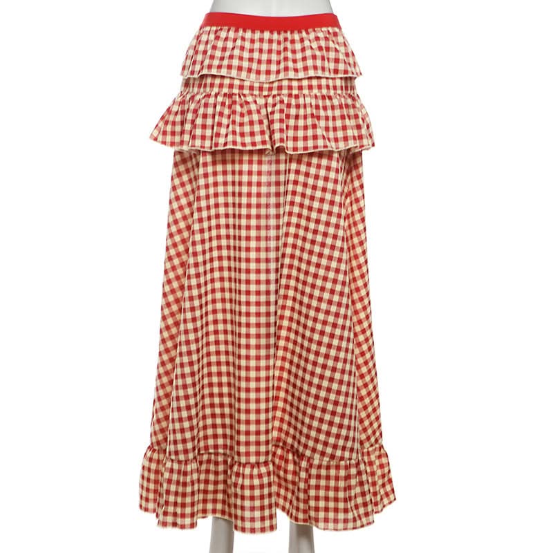 Chic Fall Gingham Ruffle Maxi Skirt - High Slit & Boho Style