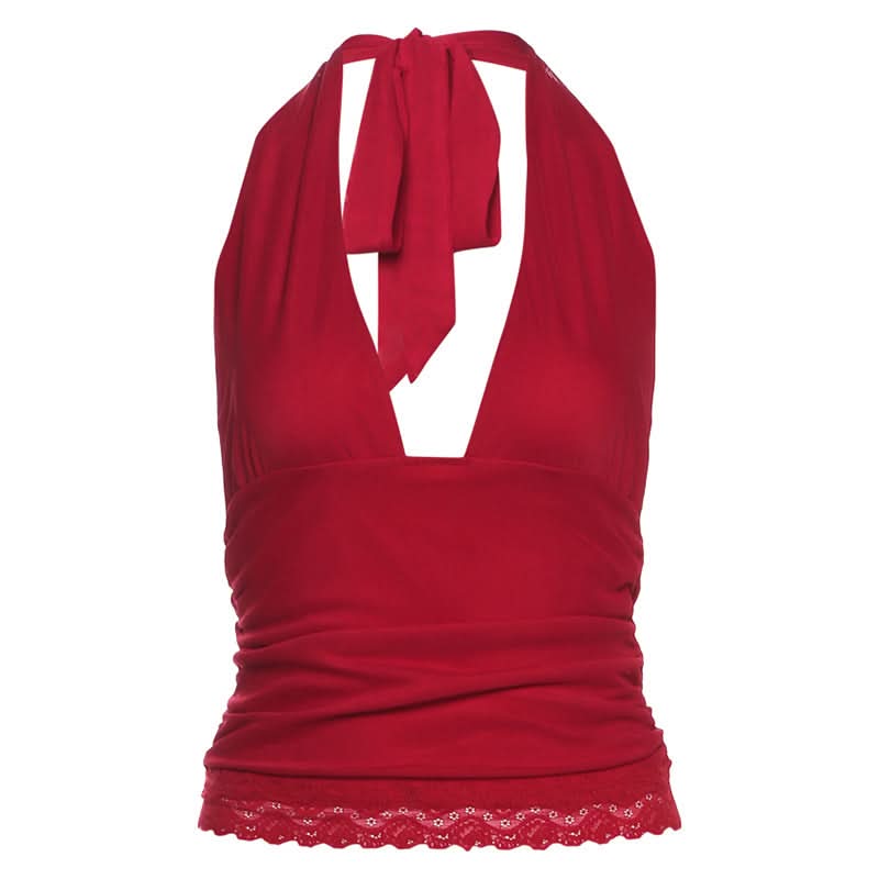 Siren Red Halter V-Neck Backless Top with Lace Hem - Your Essential for Fall & Holiday Parties
