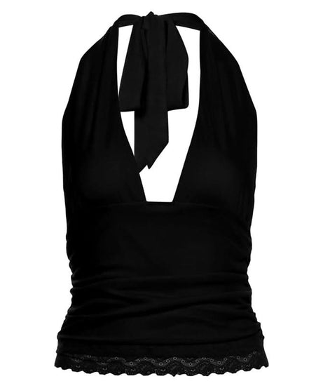 Siren Red Halter V-Neck Backless Top with Lace Hem - Your Essential for Fall & Holiday Parties