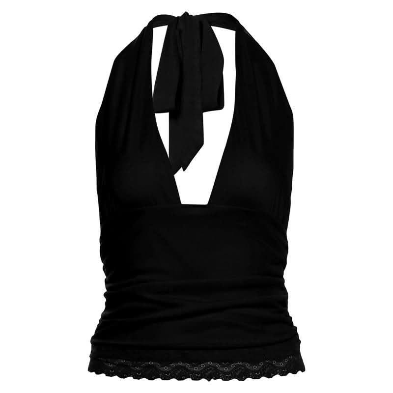 Siren Red Halter V-Neck Backless Top with Lace Hem - Your Essential for Fall & Holiday Parties