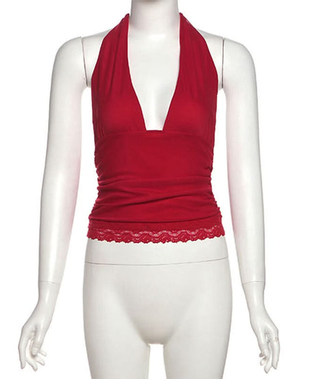 Siren Red Halter V-Neck Backless Top with Lace Hem - Your Essential for Fall & Holiday Parties