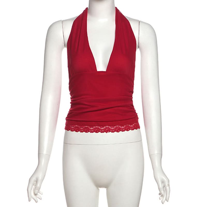 Siren Red Halter V-Neck Backless Top with Lace Hem - Your Essential for Fall & Holiday Parties