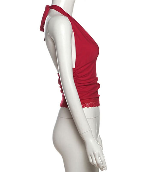 Siren Red Halter V-Neck Backless Top with Lace Hem - Your Essential for Fall & Holiday Parties