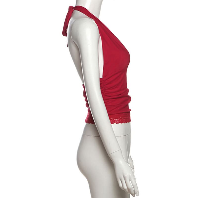 Siren Red Halter V-Neck Backless Top with Lace Hem - Your Essential for Fall & Holiday Parties