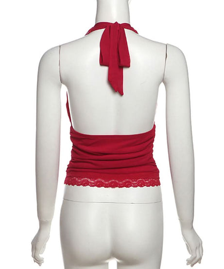 Siren Red Halter V-Neck Backless Top with Lace Hem - Your Essential for Fall & Holiday Parties