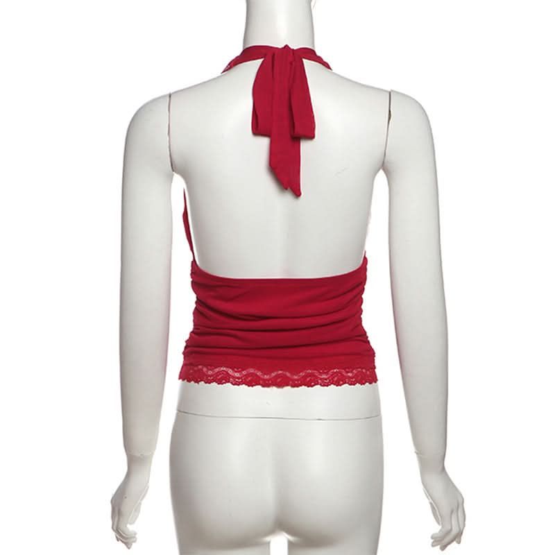 Siren Red Halter V-Neck Backless Top with Lace Hem - Your Essential for Fall & Holiday Parties