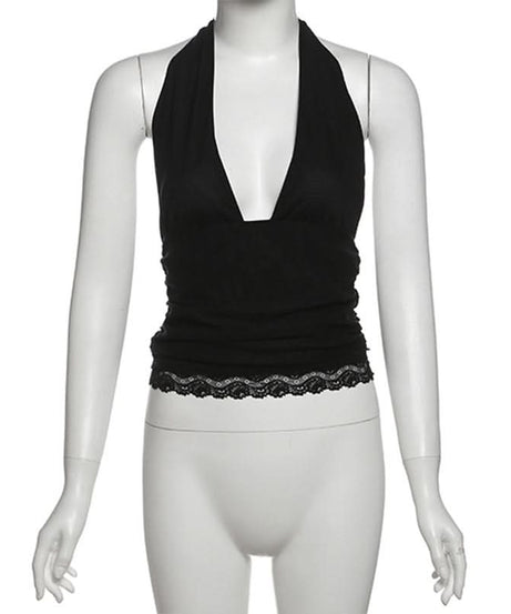 Siren Red Halter V-Neck Backless Top with Lace Hem - Your Essential for Fall & Holiday Parties