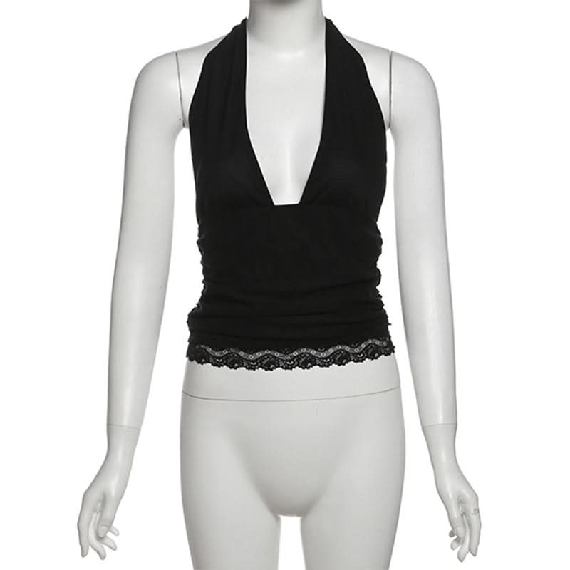 Siren Red Halter V-Neck Backless Top with Lace Hem - Your Essential for Fall & Holiday Parties