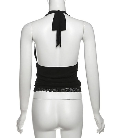 Siren Red Halter V-Neck Backless Top with Lace Hem - Your Essential for Fall & Holiday Parties