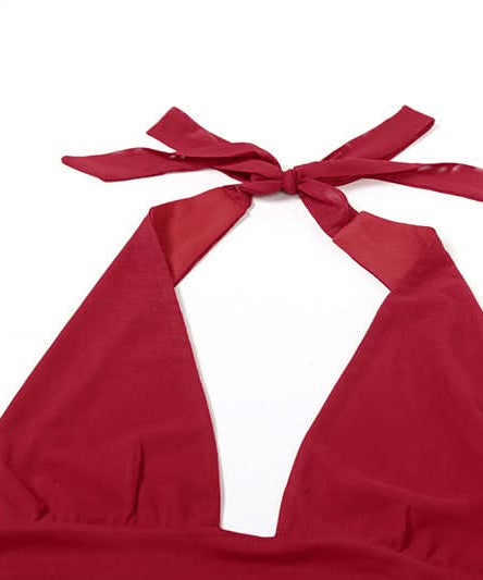 Siren Red Halter V-Neck Backless Top with Lace Hem - Your Essential for Fall & Holiday Parties