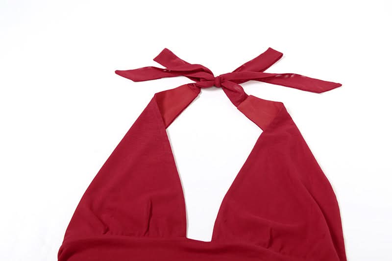 Siren Red Halter V-Neck Backless Top with Lace Hem - Your Essential for Fall & Holiday Parties