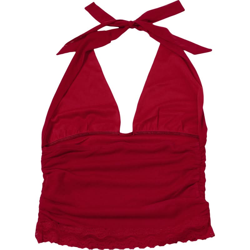 Siren Red Halter V-Neck Backless Top with Lace Hem - Your Essential for Fall & Holiday Parties