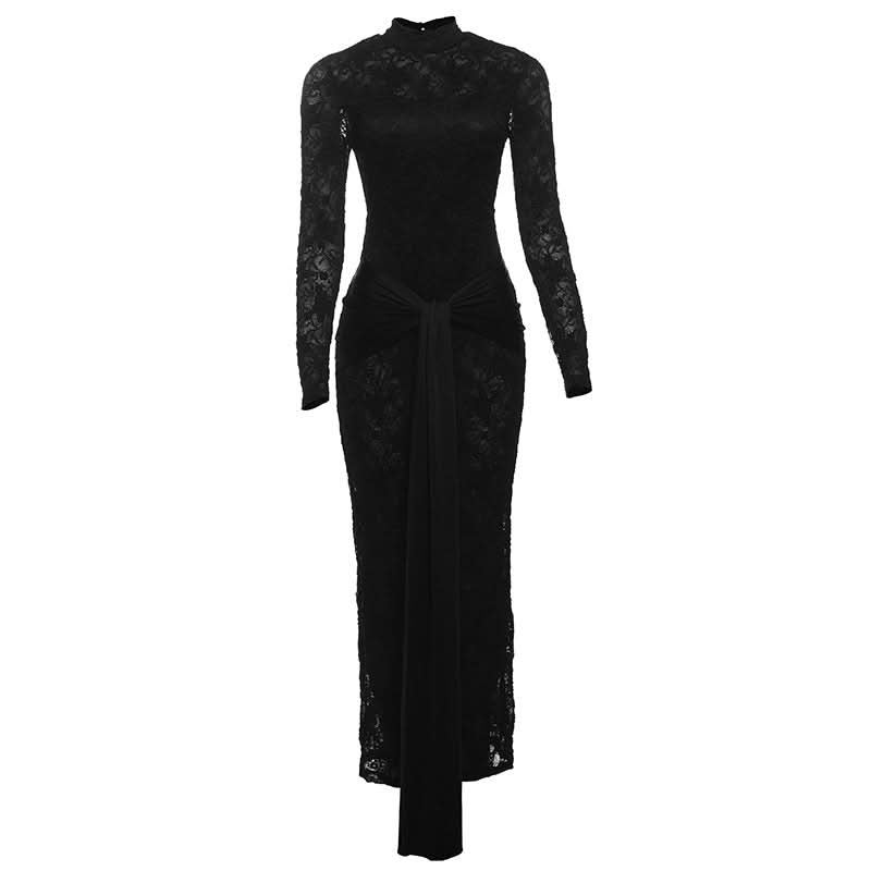 Show-Stopping Black Lace Backless Maxi Dress with Knotted Waist - Perfect for Fall & Holiday Glamour
