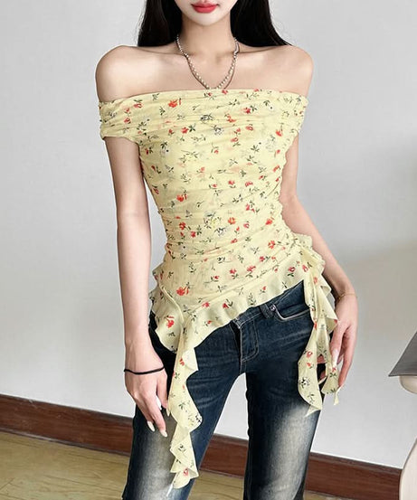 Whimsical Petal Off-Shoulder Ruched Mesh Top | Autumn Bloom Asymmetrical Ruffle