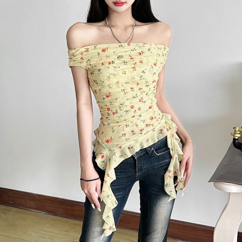 Whimsical Petal Off-Shoulder Ruched Mesh Top | Autumn Bloom Asymmetrical Ruffle