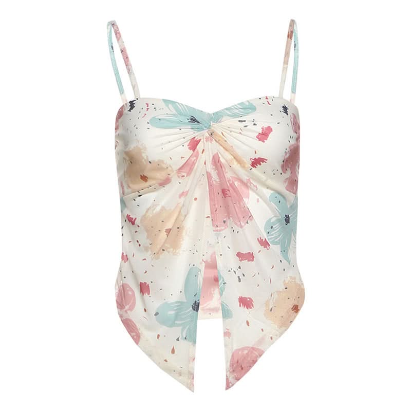Trendy Watercolor Floral Mesh Two-Piece Set - Chic Ruched Cami & Skirt for Fall