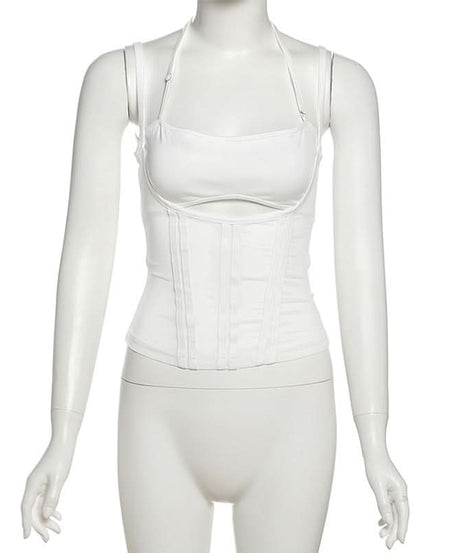 Sleek White Halter Cutout Corset Top - Your Essential for Fall Nights & Party Glam