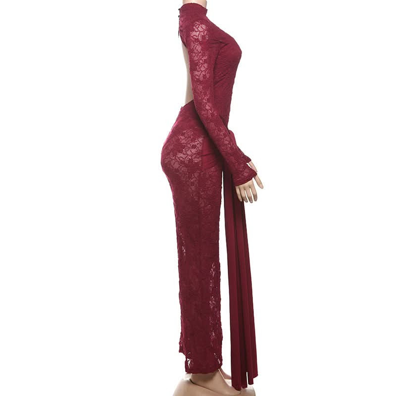 Show-Stopping Black Lace Backless Maxi Dress with Knotted Waist - Perfect for Fall & Holiday Glamour