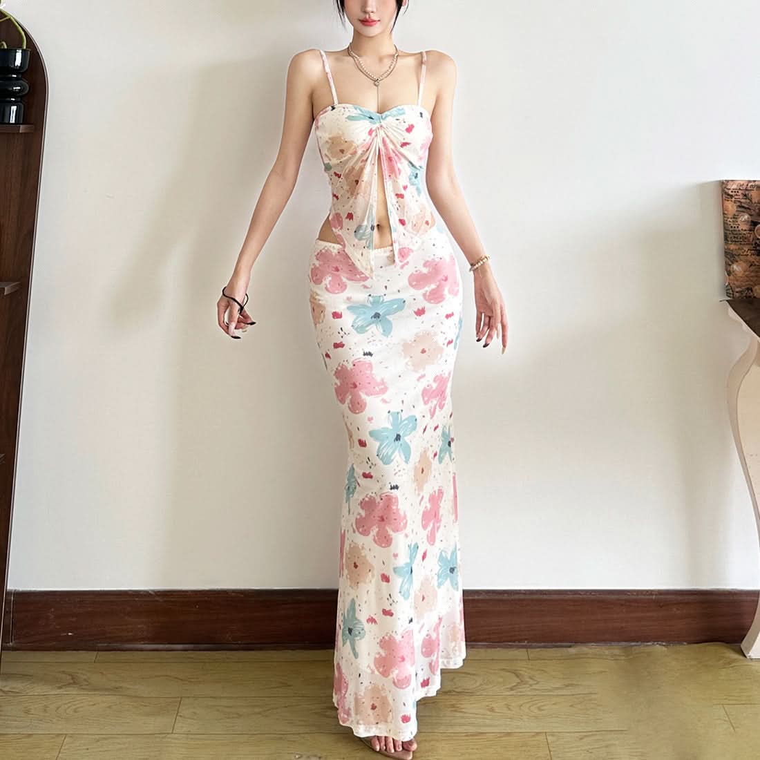 Trendy Watercolor Floral Mesh Two-Piece Set - Chic Ruched Cami & Skirt for Fall