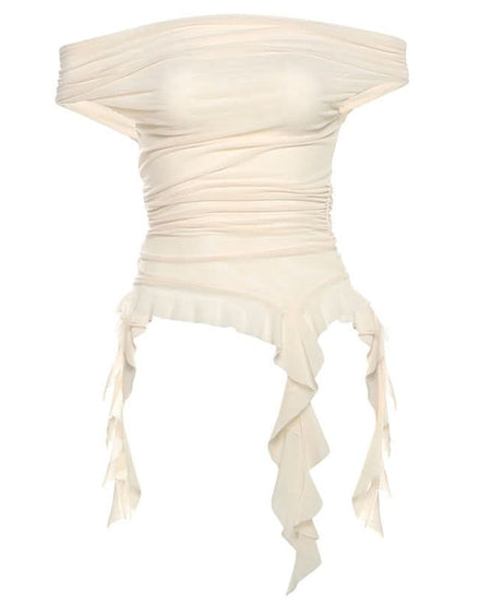 Whimsical Petal Off-Shoulder Ruched Mesh Top | Autumn Bloom Asymmetrical Ruffle