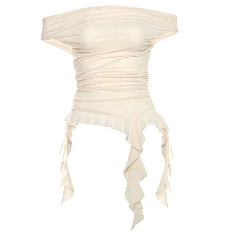 Whimsical Petal Off-Shoulder Ruched Mesh Top | Autumn Bloom Asymmetrical Ruffle