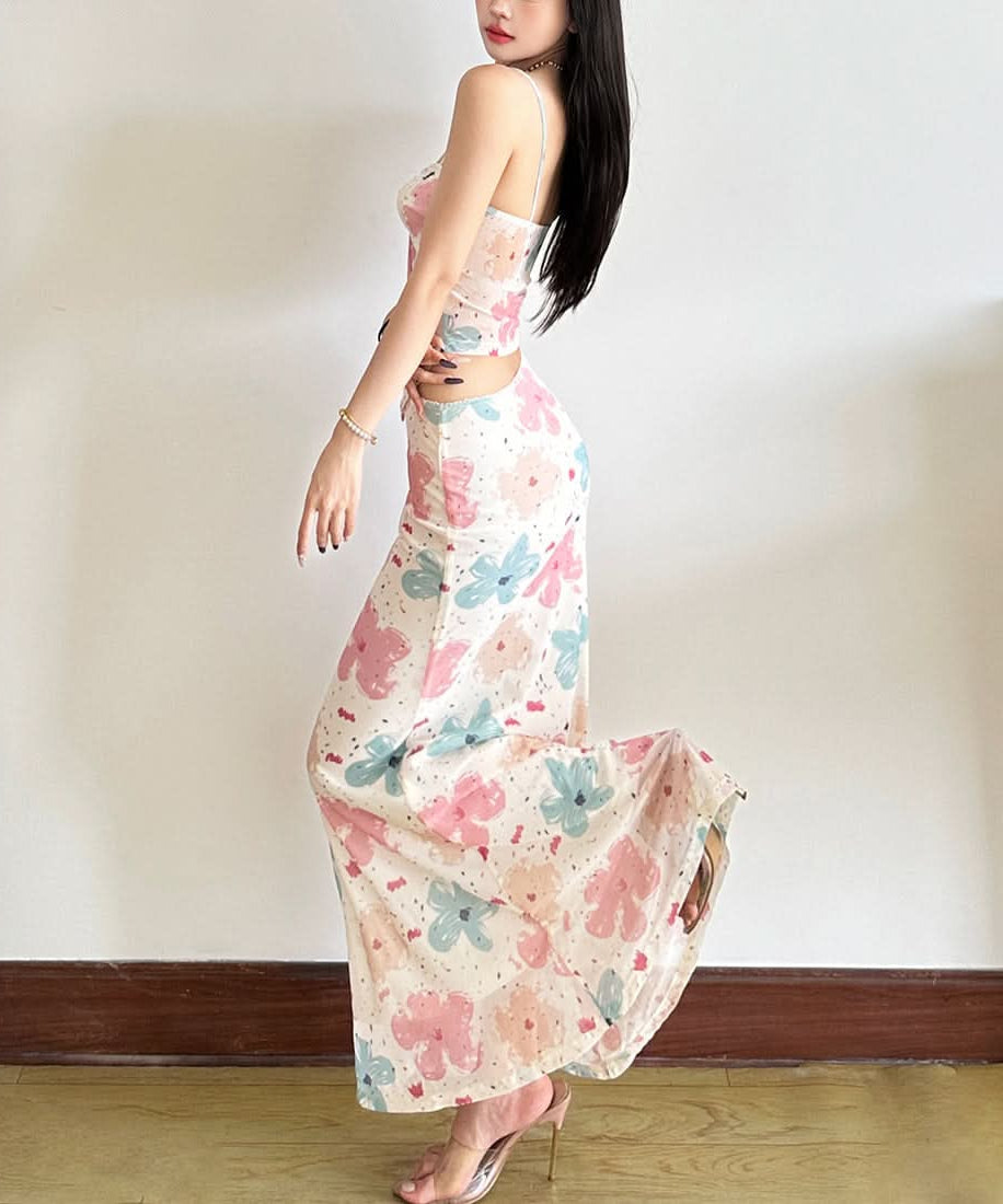 Trendy Watercolor Floral Mesh Two-Piece Set - Chic Ruched Cami & Skirt for Fall