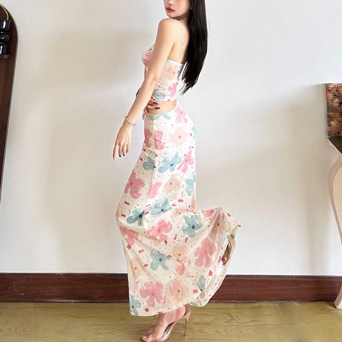 Trendy Watercolor Floral Mesh Two-Piece Set - Chic Ruched Cami & Skirt for Fall