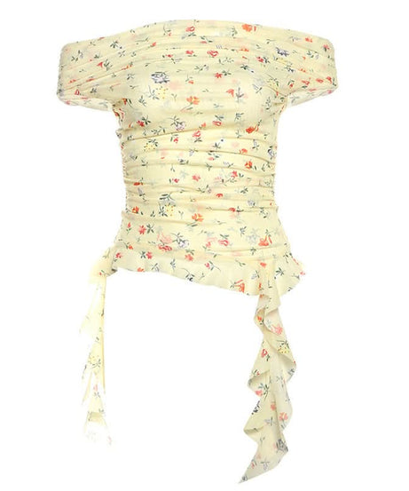 Whimsical Petal Off-Shoulder Ruched Mesh Top | Autumn Bloom Asymmetrical Ruffle