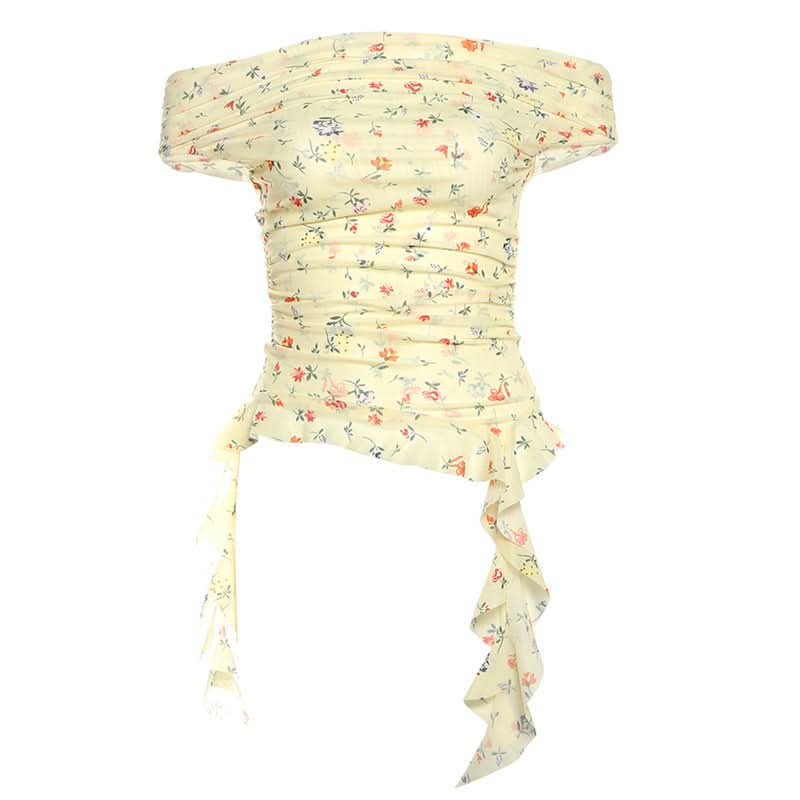 Whimsical Petal Off-Shoulder Ruched Mesh Top | Autumn Bloom Asymmetrical Ruffle