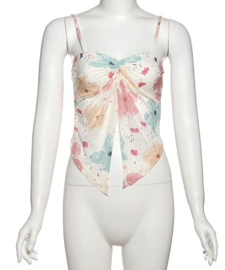 Trendy Watercolor Floral Mesh Two-Piece Set - Chic Ruched Cami & Skirt for Fall