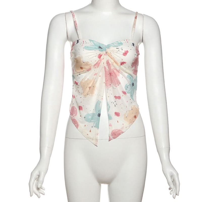 Trendy Watercolor Floral Mesh Two-Piece Set - Chic Ruched Cami & Skirt for Fall