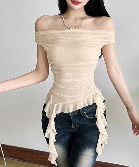 Whimsical Petal Off-Shoulder Ruched Mesh Top | Autumn Bloom Asymmetrical Ruffle