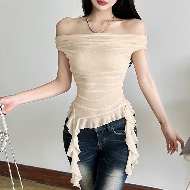 Whimsical Petal Off-Shoulder Ruched Mesh Top | Autumn Bloom Asymmetrical Ruffle