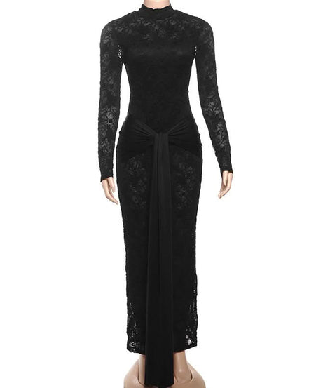 Show-Stopping Black Lace Backless Maxi Dress with Knotted Waist - Perfect for Fall & Holiday Glamour