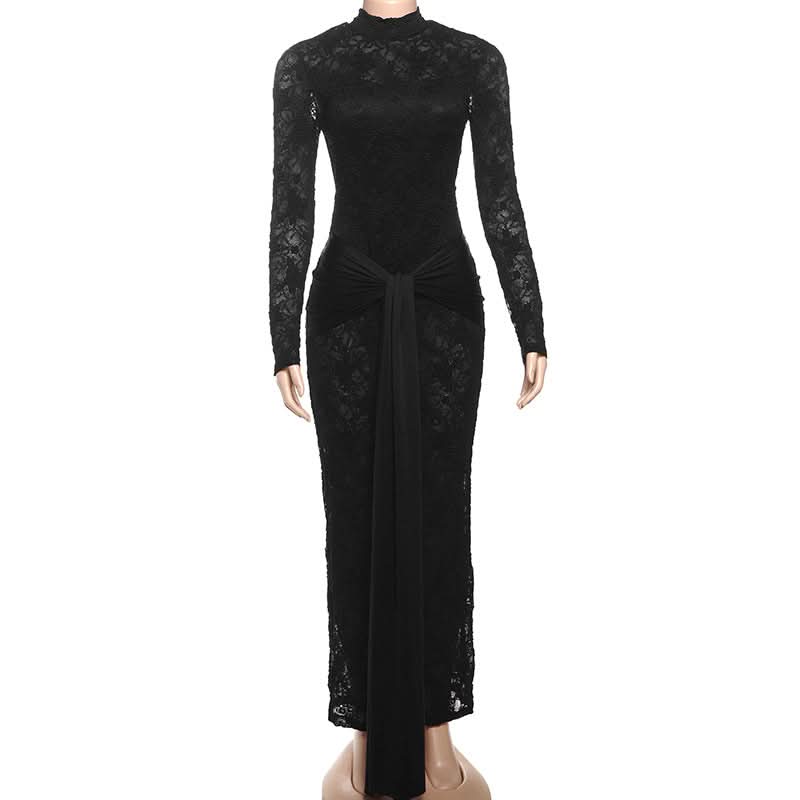 Show-Stopping Black Lace Backless Maxi Dress with Knotted Waist - Perfect for Fall & Holiday Glamour