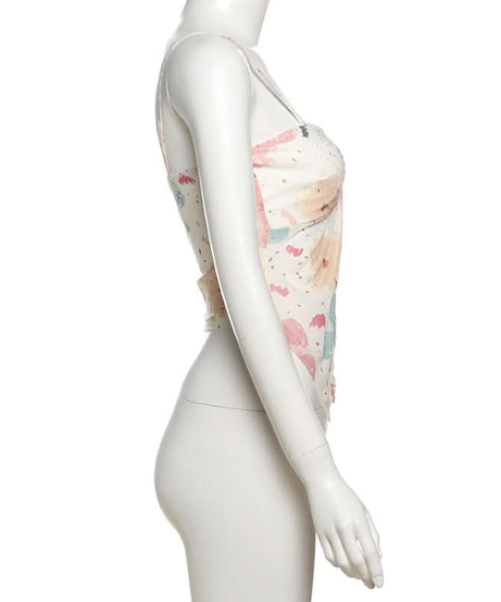 Trendy Watercolor Floral Mesh Two-Piece Set - Chic Ruched Cami & Skirt for Fall