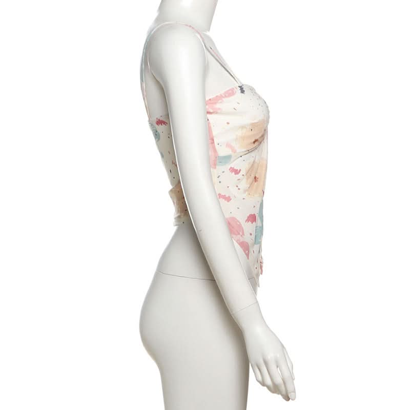 Trendy Watercolor Floral Mesh Two-Piece Set - Chic Ruched Cami & Skirt for Fall