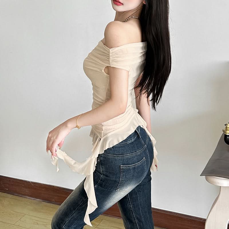 Whimsical Petal Off-Shoulder Ruched Mesh Top | Autumn Bloom Asymmetrical Ruffle