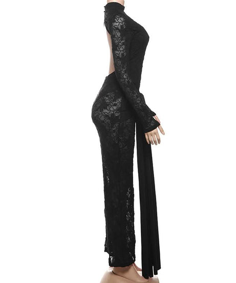 Show-Stopping Black Lace Backless Maxi Dress with Knotted Waist - Perfect for Fall & Holiday Glamour