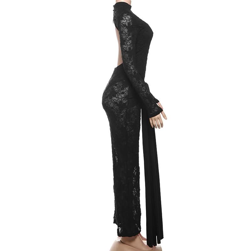 Show-Stopping Black Lace Backless Maxi Dress with Knotted Waist - Perfect for Fall & Holiday Glamour
