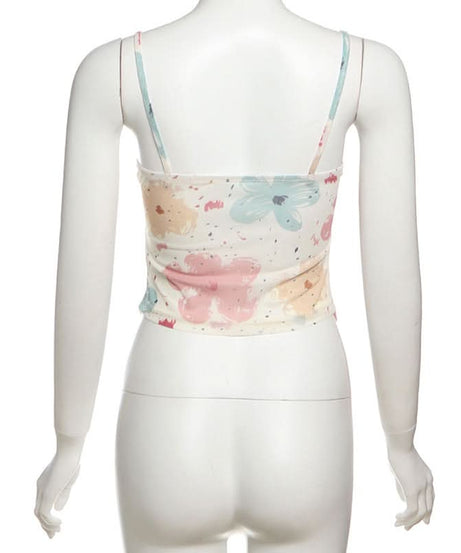 Trendy Watercolor Floral Mesh Two-Piece Set - Chic Ruched Cami & Skirt for Fall
