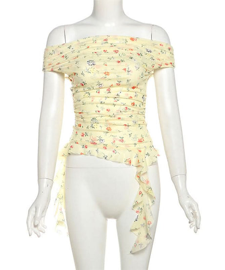 Whimsical Petal Off-Shoulder Ruched Mesh Top | Autumn Bloom Asymmetrical Ruffle
